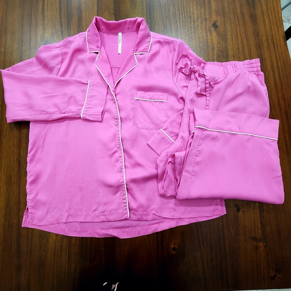 Soma Pajama Woven Set Long Sleeve Notch Collar Top Matching Pants Pink Sz L EUC - Picture 3 of 8